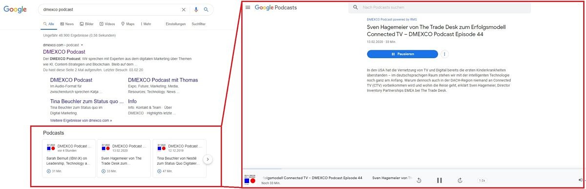 Podcast SEO can help your content land in the podcast carousel in the SERP. If content makes it onto the carousel thanks to podcast SEO, users are taken to the Google Podcasts site at the click of a button.